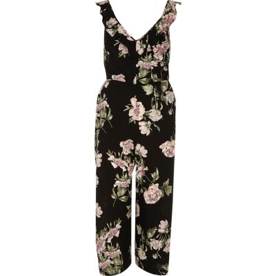 Black floral back tie culotte jumpsuit